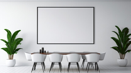 An office interior featuring a blank white empty frame, displaying a minimalistic, black and white architectural photograph.