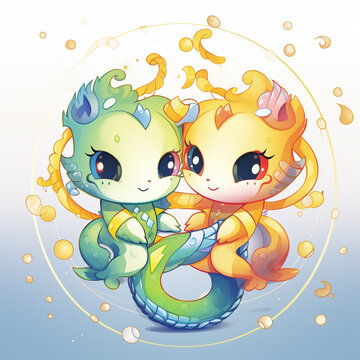 Twin dragons entwined around Geminis symbol playful and curious object planet elegant quaint close up