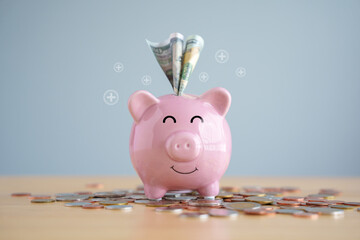 The dollar banknote was placed into the pink piggy bank. Saving money, Business, Financial and...