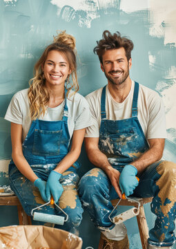 Happy family making their home a cozy place. Young loving couple doing renovations in their house or apartment. Relaxed man and woman resting after painting walls and smiling. Vertical