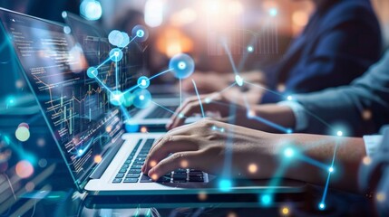 Collaborative business team engaged in laptop work with digital diagram, financial graph, and internet network technology icons in office setting