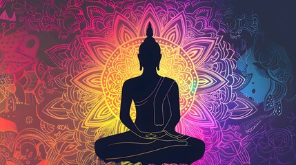 Chakra concept. Inner love, light and peace. Buddha silhouette in lotus position over colorful ornate mandala. Vector illustration isolated. Buddhism esoteric motifs