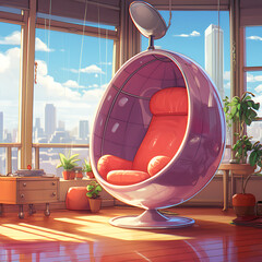 illustration of the interior of a modern restaurant with a hanging egg chair cartoonic.