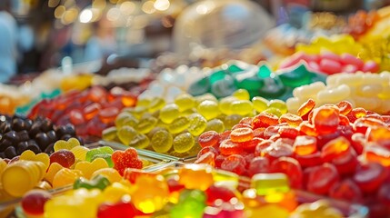 Close-up of colorful sweets and jellies at a market stall.Various gelatin - obrazy, fototapety, plakaty