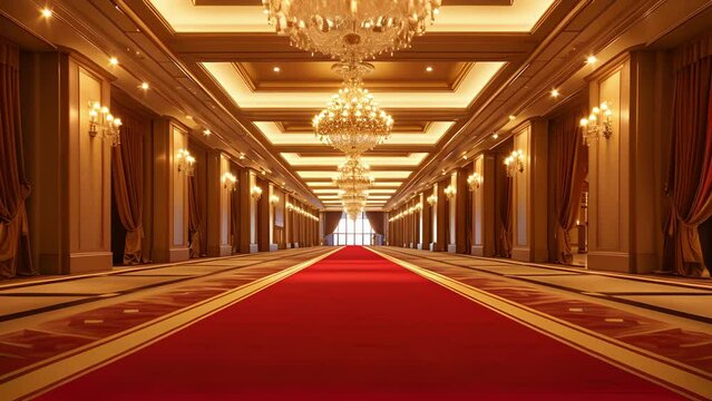 Background A grand ballroom with sparkling chandeliers and a red carpet entrance.