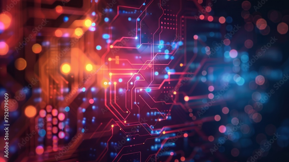 Poster futuristic circuit board server code processing in vibrant red, green, blue: 3d rendering of advance
