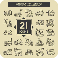 Icon Set Construction Vehicles. related to Construction Machinery symbol. hand drawn style. simple design editable. simple illustration