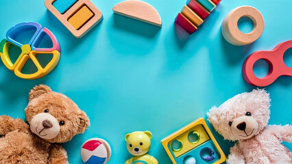 Creative Copy Space Framed by Colorful Children's Toys on Blue Background