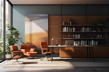 An office interior with a calming ambiance, featuring minimalist furniture against a backdrop of warm, inviting colors in the decor.