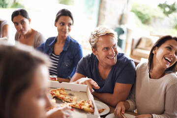 Friends, group and eating of pizza in home with laughing, soda or social gathering for bonding in...