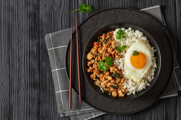 basil chicken stir fry with rice and fried egg