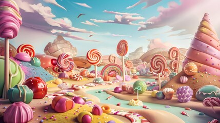 Fototapeta na wymiar Cute colorful fantasy candy landscape with many sweets