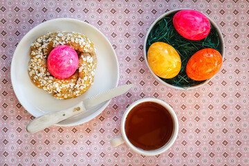 Easter Breakfast with coloured eggs