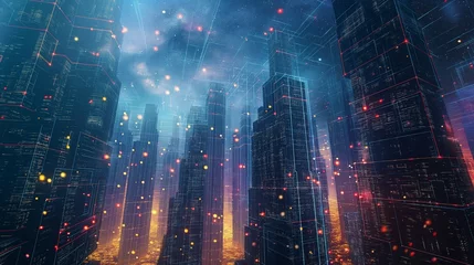 Deurstickers An image of cosmic particles, a futuristic urban landscape. © kept