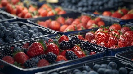 Assorted berries and strawberries displayed in trays.