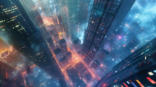 An image of cosmic particles, a futuristic urban landscape.