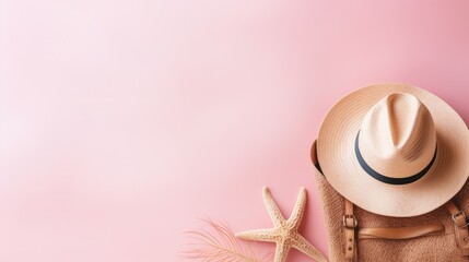 Beach hat, coconut leaves and sunglasses on pink background in Summer.copy space, top view, minimal style