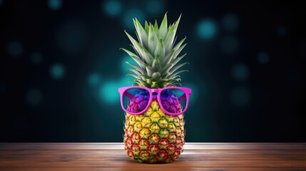 Ripe pineapple in sunglasses on a colored background. summer - obrazy, fototapety, plakaty