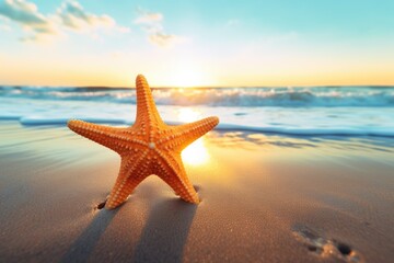 Fototapeta na wymiar beach with starfish in the sand, space for copy text. Summer holiday concept