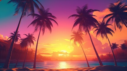 Fototapeta na wymiar Cartoon panoramic landscape, sunset with palm trees on a colorful background. ocean with palm trees at sunset