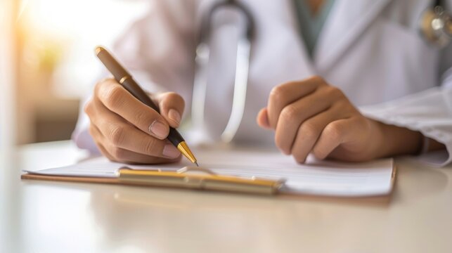 Close-up of a medical professional's hand writing on a patient's chart with a stethoscope in the background.