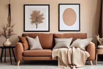 Living Room Interior with Leather Armchair, Plant Stand, and Monstera Deliciosa,Minimalist Living Room Interior with Olive Tree and Woven Rug

