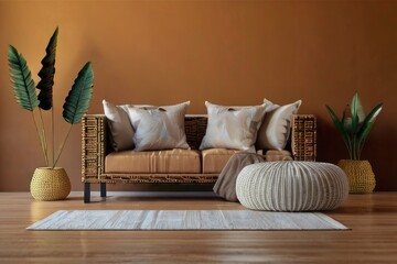 Living Room Interior with Leather Armchair, Plant Stand, and Monstera Deliciosa,Minimalist Living Room Interior with Olive Tree and Woven Rug

