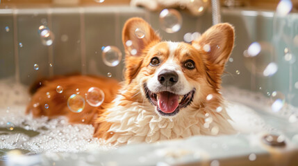 Bathing of the corgi dog. Happy dog taking a bubble bath with his paws up on the rim of the tub....