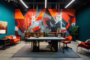 An office space adorned with a mix of sleek, minimalist furniture and vivid, eye-catching wall murals in complementary colors.