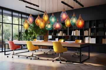 An office space characterized by simplicity and elegance, adorned with sleek, colorful pendant lights hanging above a minimalist desk setup.