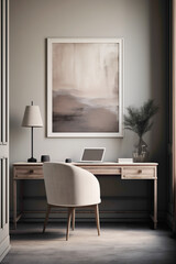 An office space embracing simplicity and sophistication, featuring a clean white frame against a wall painted in muted yet impactful tones, offering a refined ambiance.
