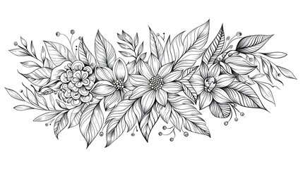 Floral elements and leaves for coloring book. Anti-stress coloring for adult. Tattoo stencil. Zentangle style. Black and white lines. Lace pattern.