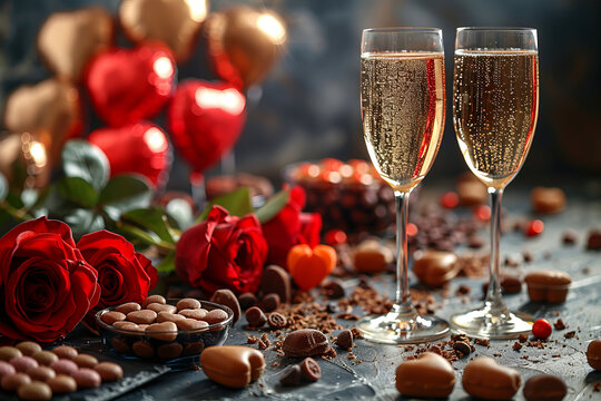 Two glasses of champagne, roses, candies. Romantic dinner for two.