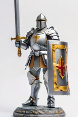 Naklejka premium Medieval knight in armor poses with sword against white background.