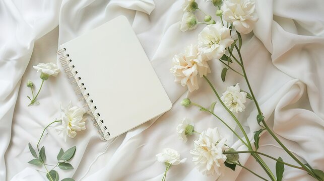 Top view of flowers and blank notebook on white fabric workspace background,generative ai,