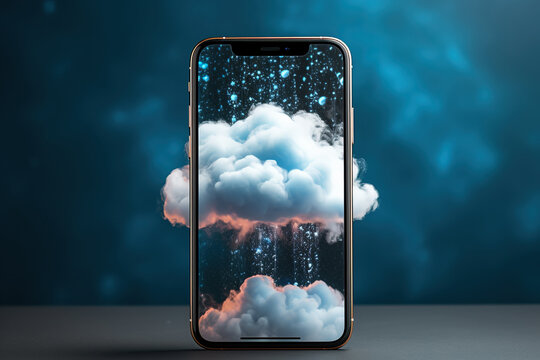 Smartphone with an image of a cloud on the screen. Greening concept about weather. Generated by artificial intelligence