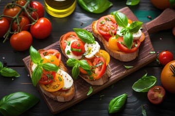 Free photo high angle bruschetta's with prosciutto and tomatoes and basil on cutting board - Powered by Adobe