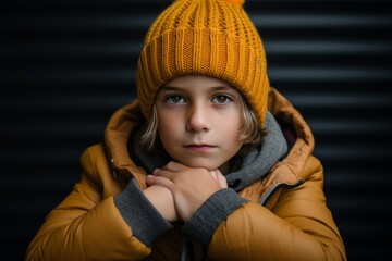 Little girl in a yellow jacket and a knitted hat on a black background