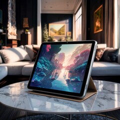 Digital tablet on a white marble table in a living room