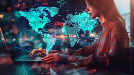 Double exposure: woman's hands on computer with world map hologram - global tech business concept