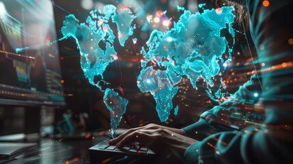 Double exposure: woman's hands on computer with world map hologram - global tech business concept