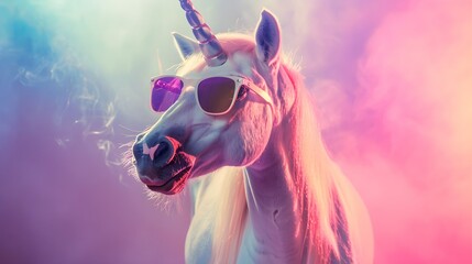 Funny unicorn wearing sunglasses in studio with a colorful and bright background