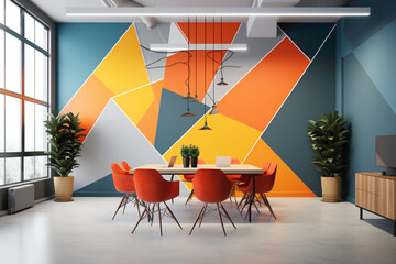 An office with a minimalist aesthetic highlighted by a vibrant, color-blocked accent wall and understated yet colorful decor.