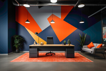 An office with a minimalist aesthetic highlighted by a vibrant, color-blocked accent wall and understated yet colorful decor.