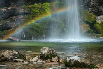 Fototapeta na wymiar Rainbow over a waterfall in the rainforest