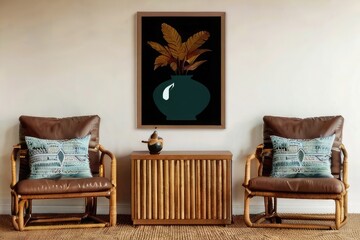 Bright Living Room Interior with Neutral Sofa, Plants and Woven Rug

