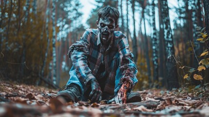 A man in a zombie costume lurks among the trees in a misty forest