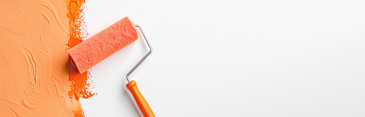 Obraz premium Paint Roller with peach paint banner. painting wall Painting apartment, renovating with trendy peach color paint. Decoration Materials special offer, sale banner.