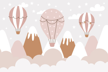 Hand drawn design of kids mountains. For children's wallpapers. Mountains, clouds, air balloon. Vector illustrations © 210484kate