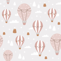 Seamless pattern with air balloon. Mountains, clouds, air balloon. Vector illustrations